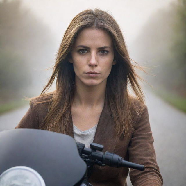 Portrait of a woman with long hair, sharply gazing forward, riding a Vmax motorbike on a foggy village road. She's wearing a half-face helmet and a brown t-shirt, under bright light.