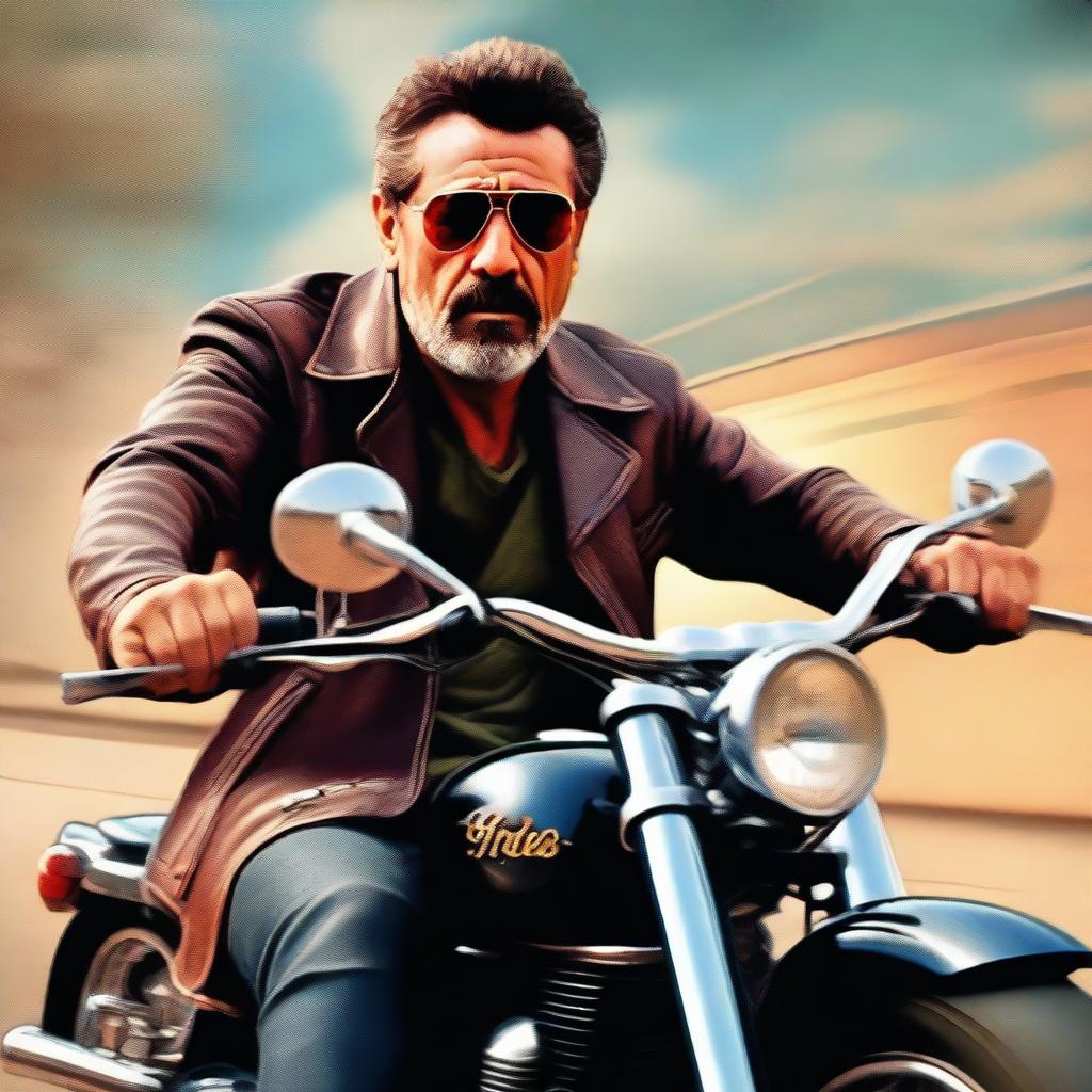 An impressive digital art piece featuring Jeffery Dean Morgan confidently riding a vintage motorcycle