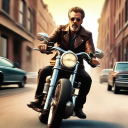 An impressive digital art piece featuring Jeffery Dean Morgan confidently riding a vintage motorcycle