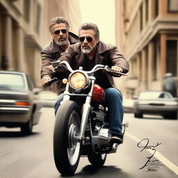 An impressive digital art piece featuring Jeffery Dean Morgan confidently riding a vintage motorcycle