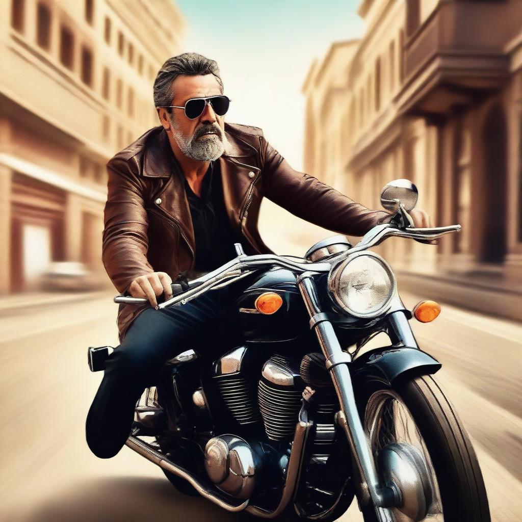 An impressive digital art piece featuring Jeffery Dean Morgan confidently riding a vintage motorcycle