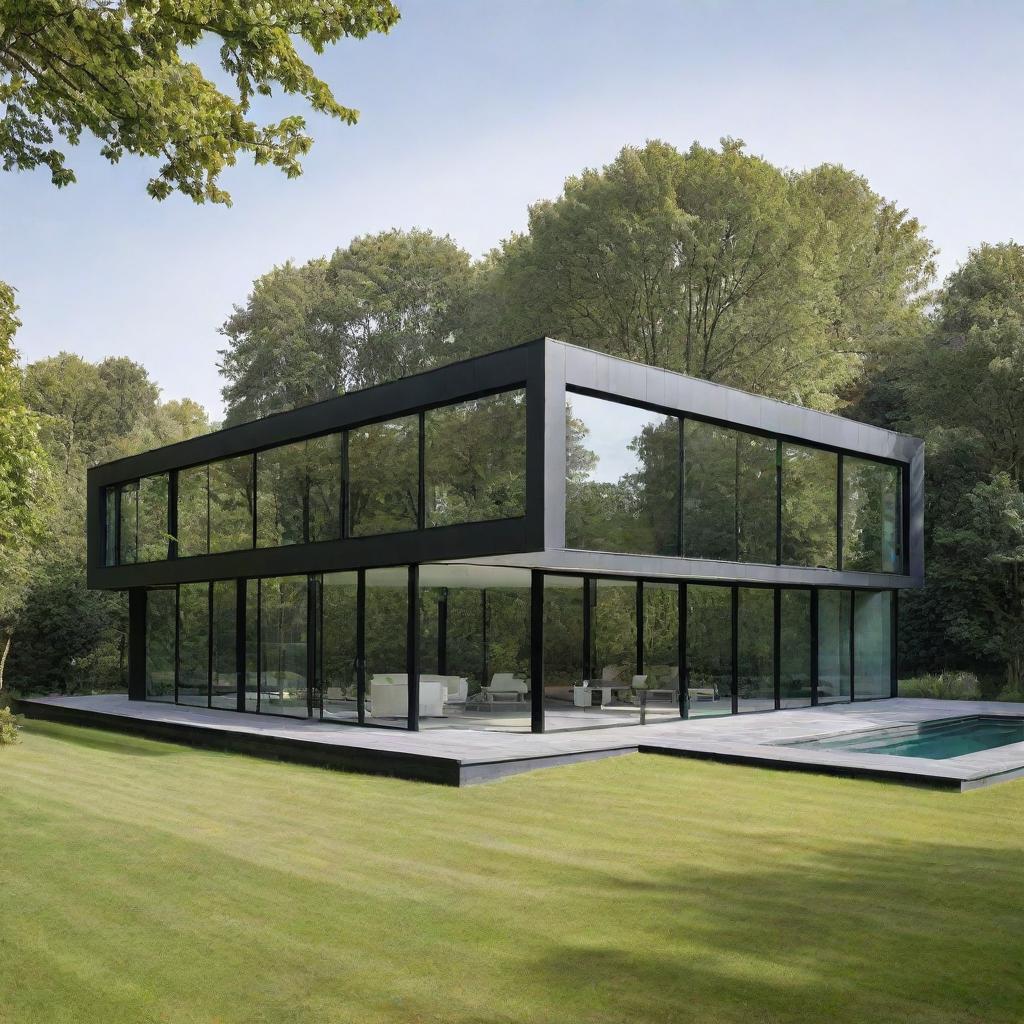 A contemporary style house with sleek lines, large glass windows and minimalist aesthetic, situated in a verdant landscape