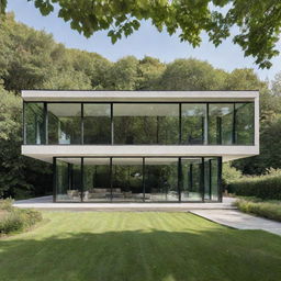 A contemporary style house with sleek lines, large glass windows and minimalist aesthetic, situated in a verdant landscape