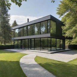 A contemporary style house with sleek lines, large glass windows and minimalist aesthetic, situated in a verdant landscape