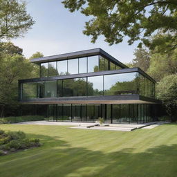 A contemporary style house with sleek lines, large glass windows and minimalist aesthetic, situated in a verdant landscape