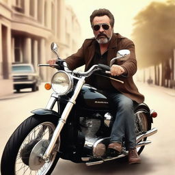 A striking digital art representation of Jeffery Dean Morgan astride a Ural motorcycle