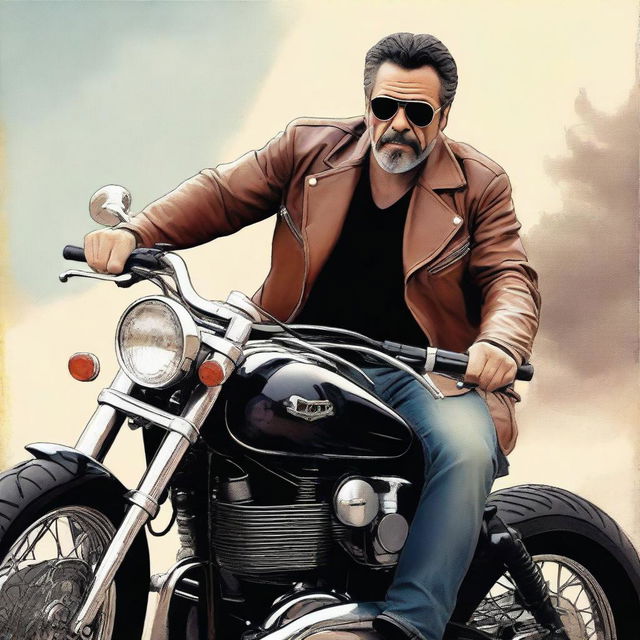 A striking digital art representation of Jeffery Dean Morgan astride a Ural motorcycle