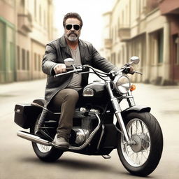 A striking digital art representation of Jeffery Dean Morgan astride a Ural motorcycle