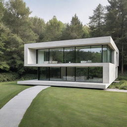 A modern house designed with minimalist aesthetics, having less glass and more solid, sleek lines, surrounded by a verdant landscape