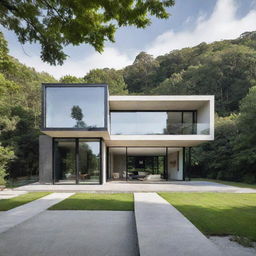 A modern house designed with minimalist aesthetics, having less glass and more solid, sleek lines, surrounded by a verdant landscape