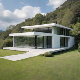 A modern house designed with minimalist aesthetics, having less glass and more solid, sleek lines, surrounded by a verdant landscape