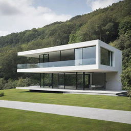 A modern house designed with minimalist aesthetics, having less glass and more solid, sleek lines, surrounded by a verdant landscape