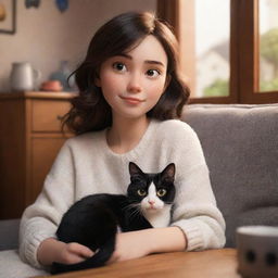 A cozy Pixar-inspired image depicting a brunette girl with a black and white cat in a warm and comfortable environment