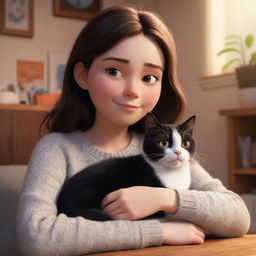 A cozy Pixar-inspired image depicting a brunette girl with a black and white cat in a warm and comfortable environment