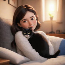 A cozy Pixar-inspired image depicting a brunette girl with a black and white cat in a warm and comfortable environment