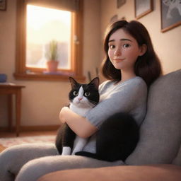 A cozy Pixar-inspired image depicting a brunette girl with a black and white cat in a warm and comfortable environment