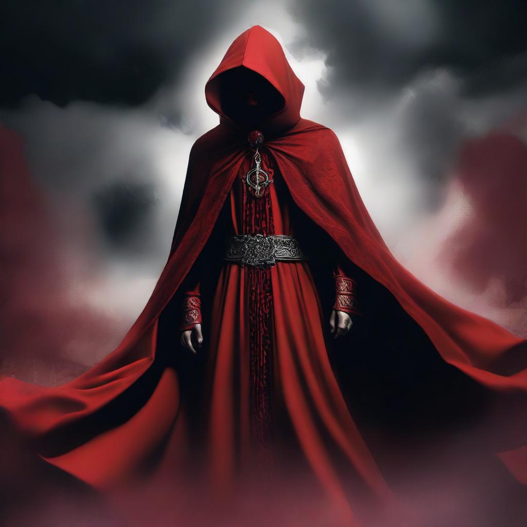 A striking digital art image displays a cult member shrouded in red cloaks, adorned with a distinct black cloud pattern