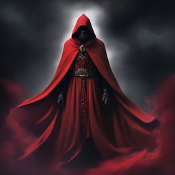 A striking digital art image displays a cult member shrouded in red cloaks, adorned with a distinct black cloud pattern