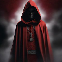 A striking digital art image displays a cult member shrouded in red cloaks, adorned with a distinct black cloud pattern