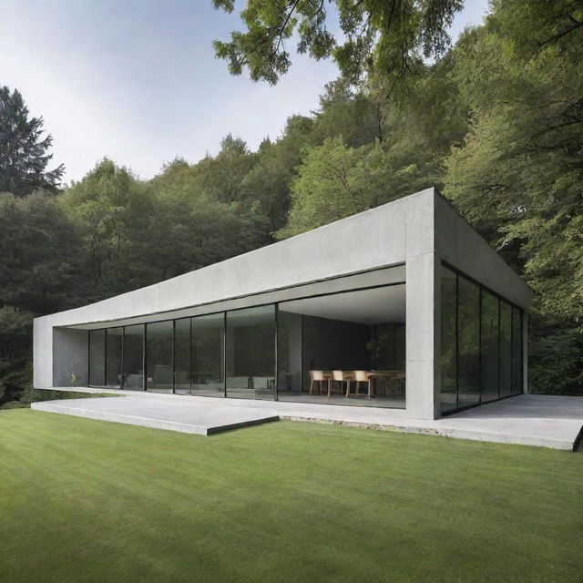 A modern, minimalist house designed without any glass, featuring solid, sleek lines and nestled in a verdant landscape