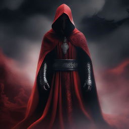 A striking digital art image displays a cult member shrouded in red cloaks, adorned with a distinct black cloud pattern