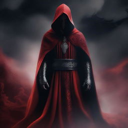 A striking digital art image displays a cult member shrouded in red cloaks, adorned with a distinct black cloud pattern