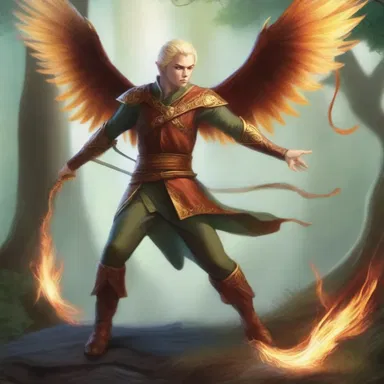 In the magical realm of Elvenwood, the brave elf warrior swiftly threw his enchanted lasso to capture the rare phoenix.