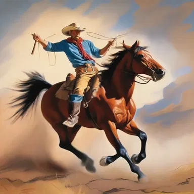 The artist skillfully depicted a cowboy riding on a horse and twirling a lasso in a dramatic painting.