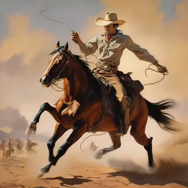 The artist skillfully depicted a cowboy riding on a horse and twirling a lasso in a dramatic painting.