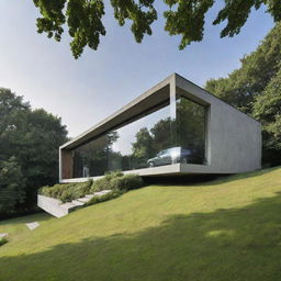 A contemporary house that emphasizes solid structures and sleek lines entirely devoid of glass elements, situated amidst lush and verdant landscape