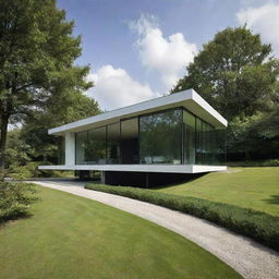 A contemporary house that emphasizes solid structures and sleek lines entirely devoid of glass elements, situated amidst lush and verdant landscape