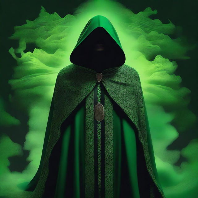 A vivid digital art image showcases a cult member draped in green cloaks, embellished with a distinctive black cloud pattern