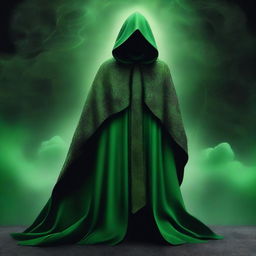 A vivid digital art image showcases a cult member draped in green cloaks, embellished with a distinctive black cloud pattern