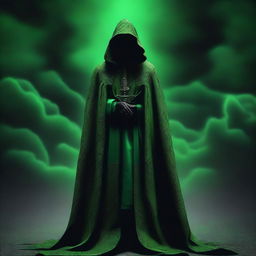 A vivid digital art image showcases a cult member draped in green cloaks, embellished with a distinctive black cloud pattern