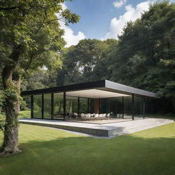 A contemporary house that emphasizes solid structures and sleek lines entirely devoid of glass elements, situated amidst lush and verdant landscape