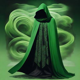 A vivid digital art image showcases a cult member draped in green cloaks, embellished with a distinctive black cloud pattern