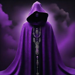 An enthralling digital art image portrays a cult member garbed in purple cloaks, decorated with a unique black cloud pattern