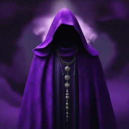 An enthralling digital art image portrays a cult member garbed in purple cloaks, decorated with a unique black cloud pattern