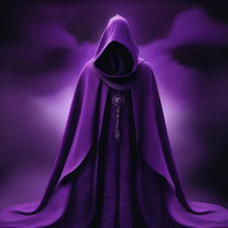 An enthralling digital art image portrays a cult member garbed in purple cloaks, decorated with a unique black cloud pattern