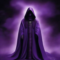 An enthralling digital art image portrays a cult member garbed in purple cloaks, decorated with a unique black cloud pattern