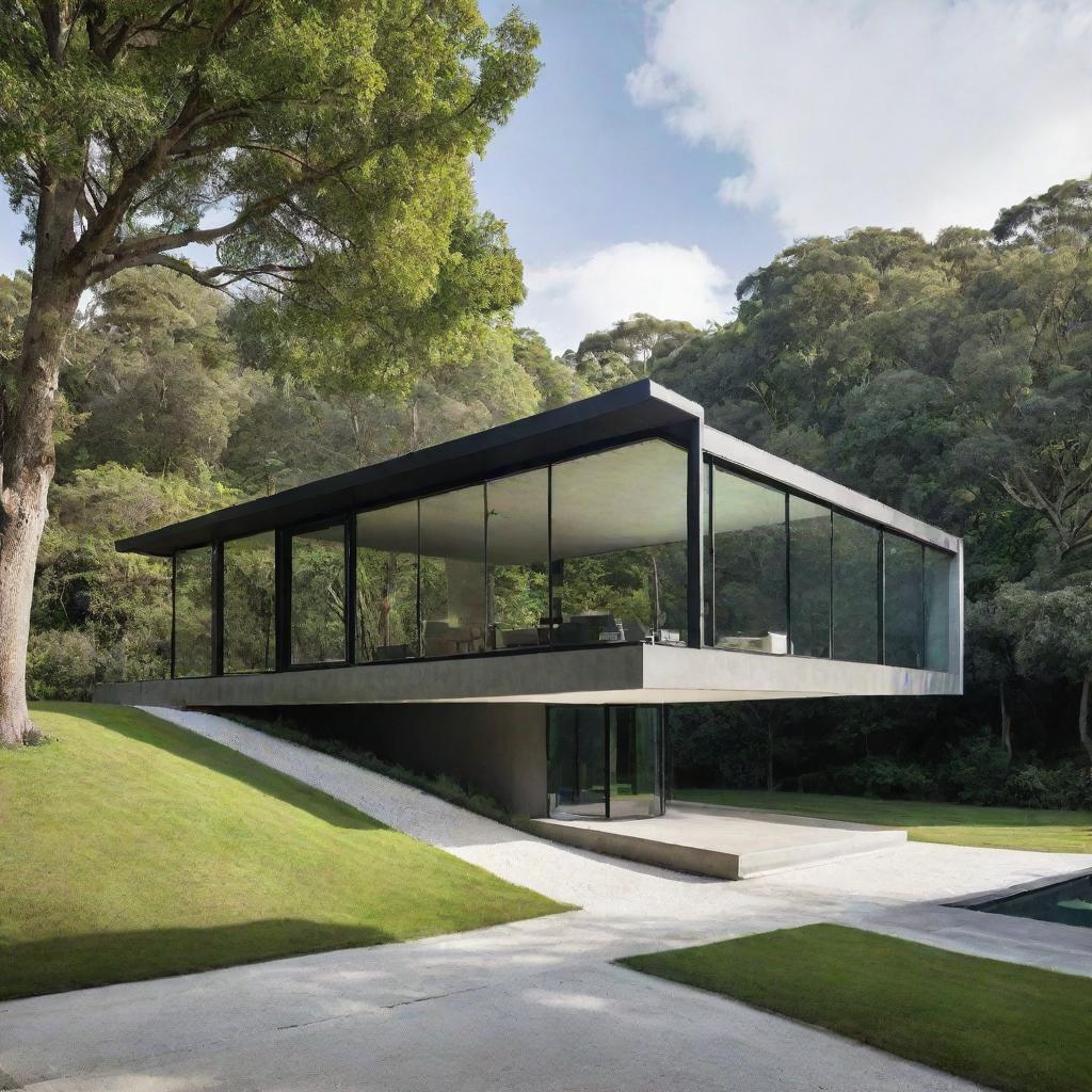 A modern house designed entirely without glass, emphasising sleek lines, solid structures, and nestled in a lush, green landscape