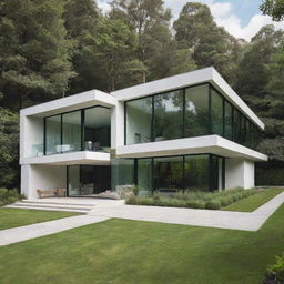 A modern house designed entirely without glass, emphasising sleek lines, solid structures, and nestled in a lush, green landscape