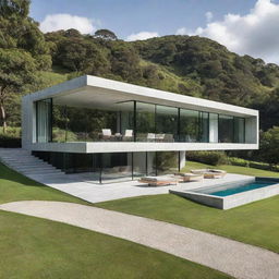 A modern house designed entirely without glass, emphasising sleek lines, solid structures, and nestled in a lush, green landscape