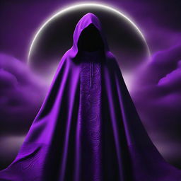 A captivating digital art image depicts a cult member clad in purple cloaks, adorned with a striking black cloud pattern