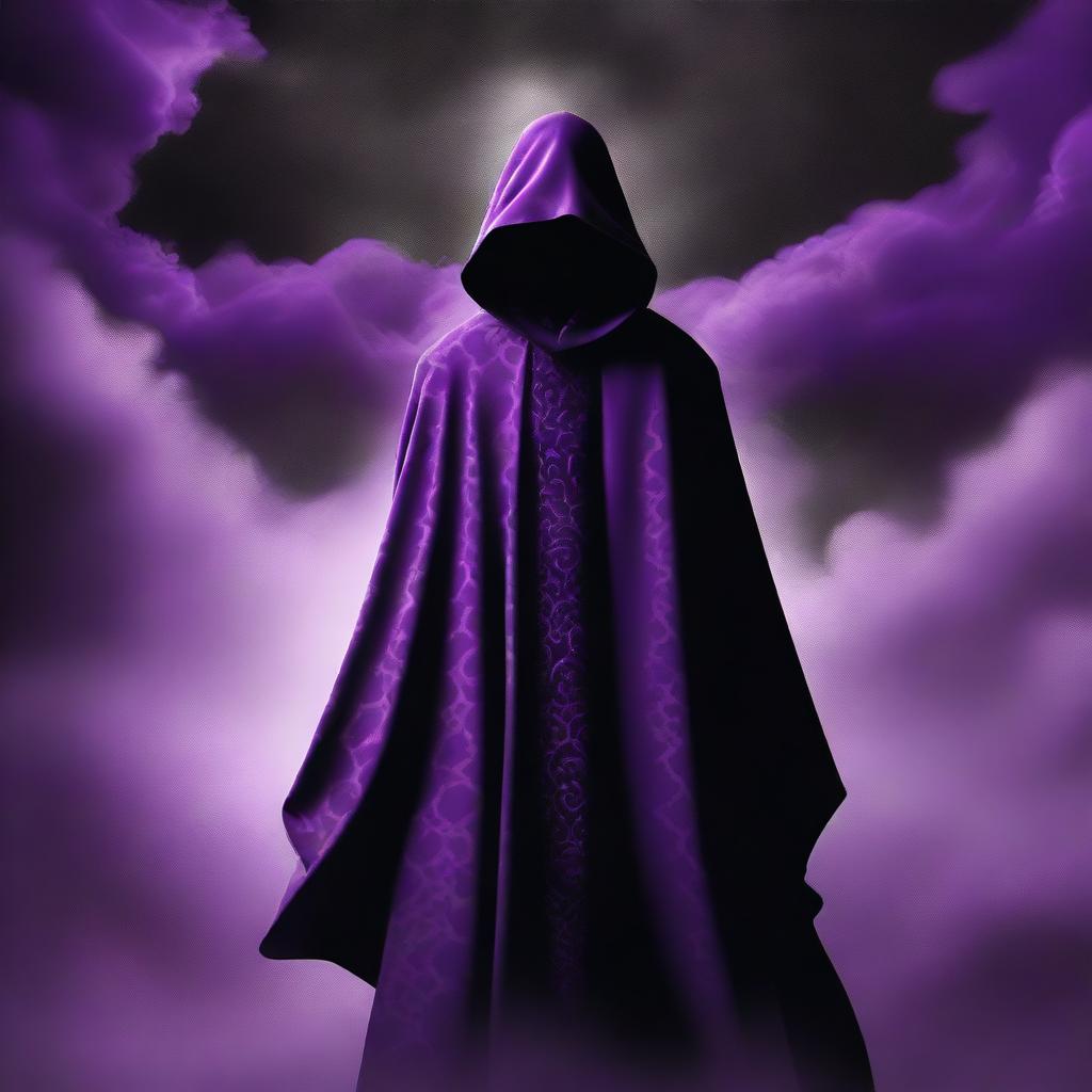 A captivating digital art image depicts a cult member clad in purple cloaks, adorned with a striking black cloud pattern