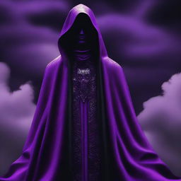 A captivating digital art image depicts a cult member clad in purple cloaks, adorned with a striking black cloud pattern