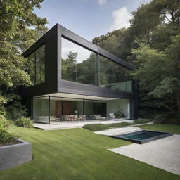 A modern house designed entirely without glass, emphasising sleek lines, solid structures, and nestled in a lush, green landscape