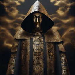 A compelling digital art image presents a cult member garbed in golden cloaks, embellished with a distinctive black cloud pattern