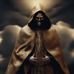 A compelling digital art image presents a cult member garbed in golden cloaks, embellished with a distinctive black cloud pattern