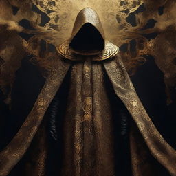 A compelling digital art image presents a cult member garbed in golden cloaks, embellished with a distinctive black cloud pattern